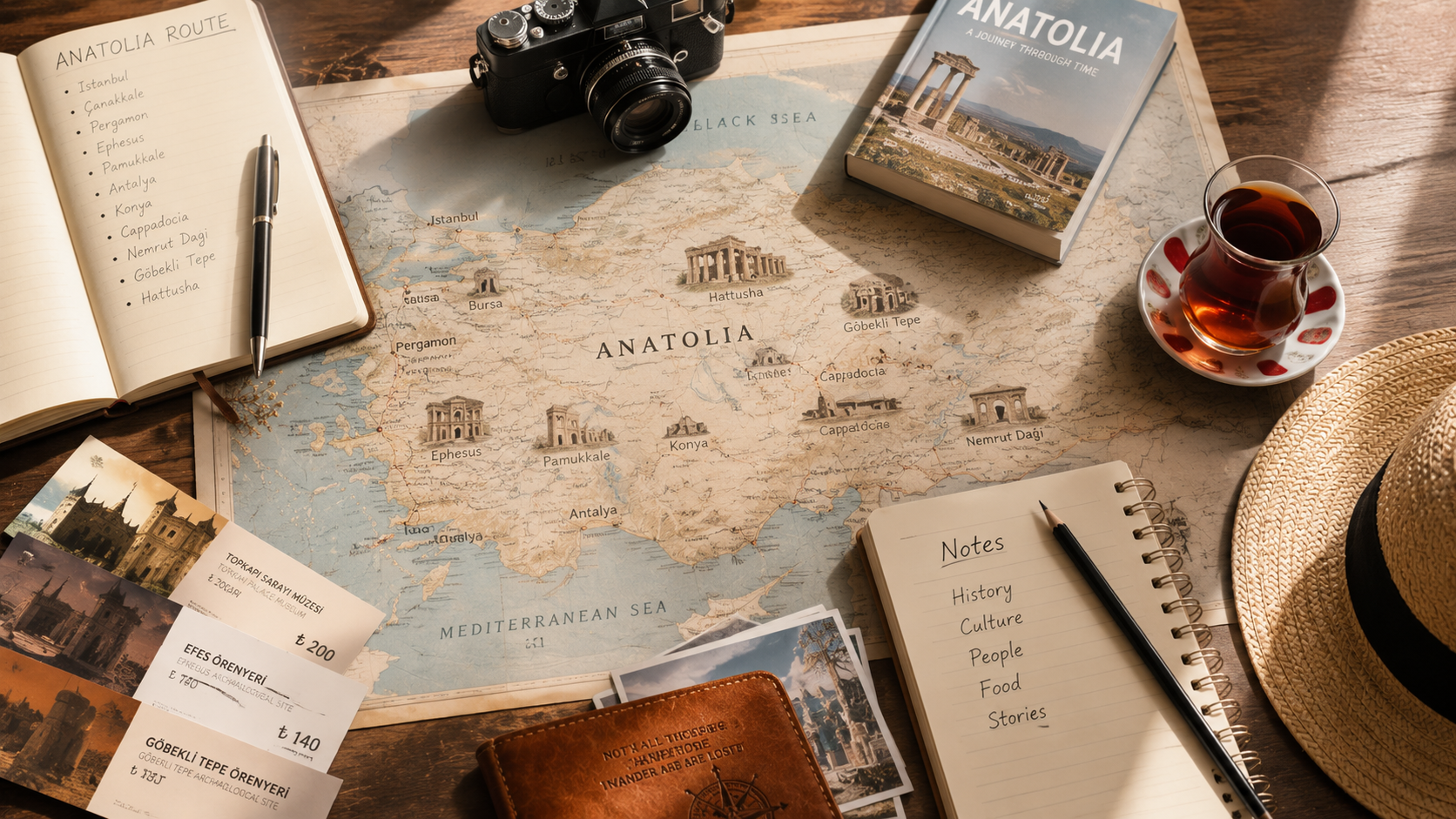 Travel planning flat lay with a map of Turkey, notebook, camera, and tea