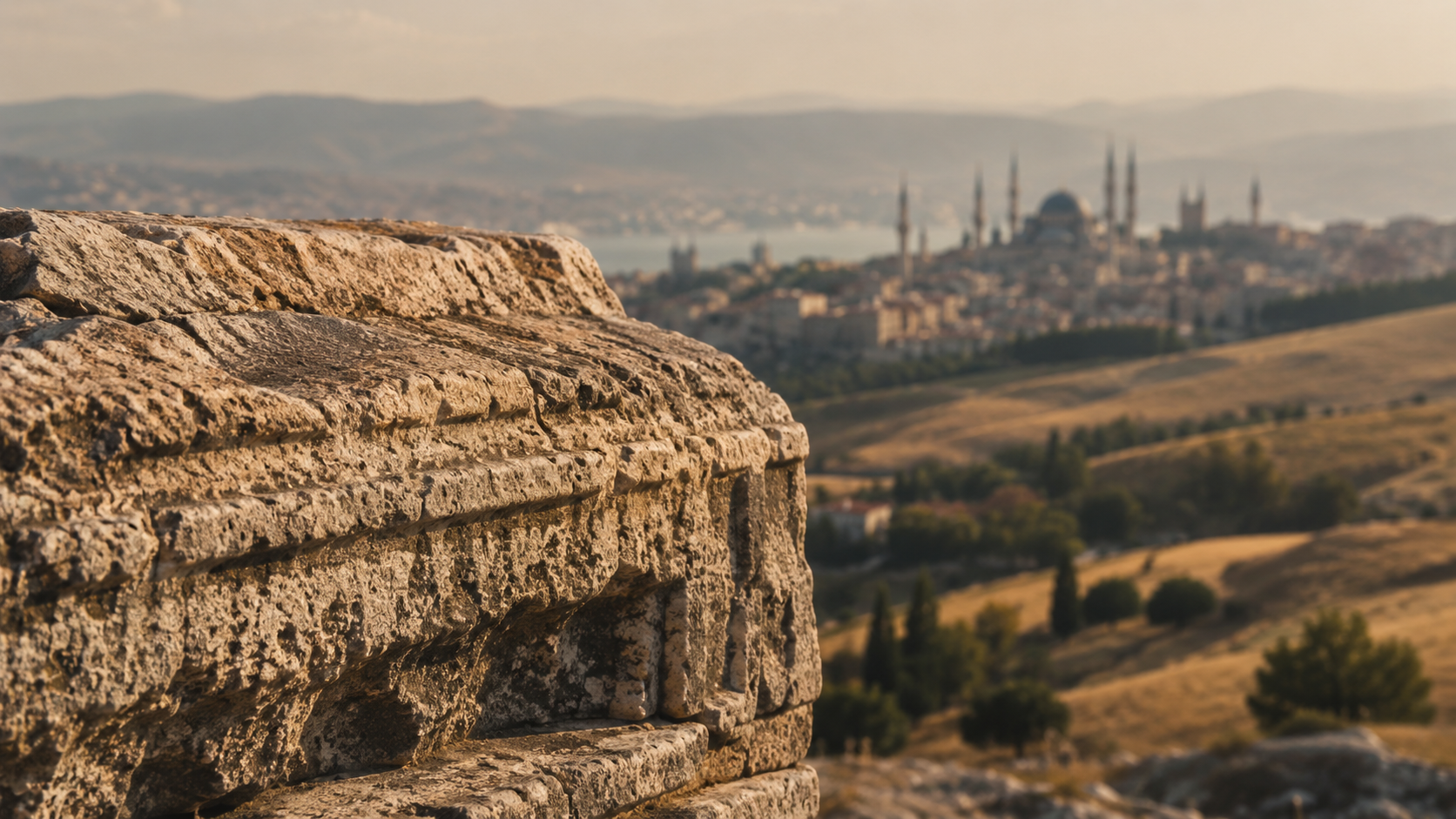 Anatolian civilizations: Weathered ancient stones with Turkish historical landscapes softly visible behind them