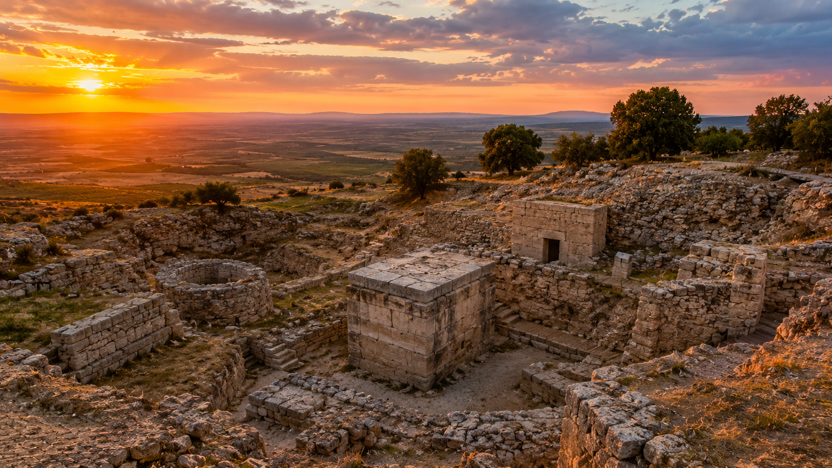 Anatolian civilizations: Ancient ruins of Troy in western Anatolia photographed at sunset