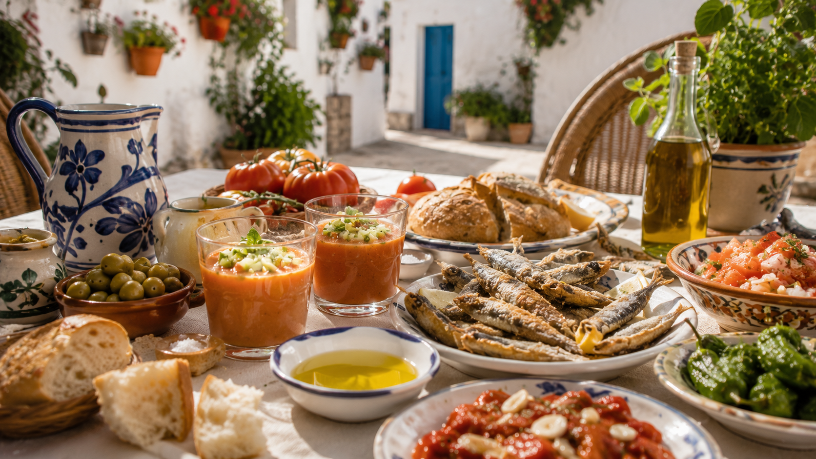 Andalusian table with gazpacho, fried fish, olives, bread, and olive oil.