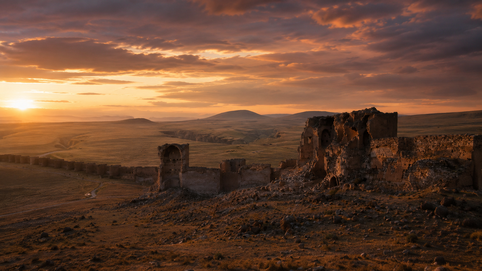 Ani ruins with ancient city walls and ruined arches at sunset