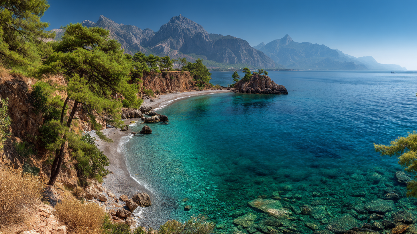 Antalya coastline with Mediterranean beach and Taurus Mountains in the background