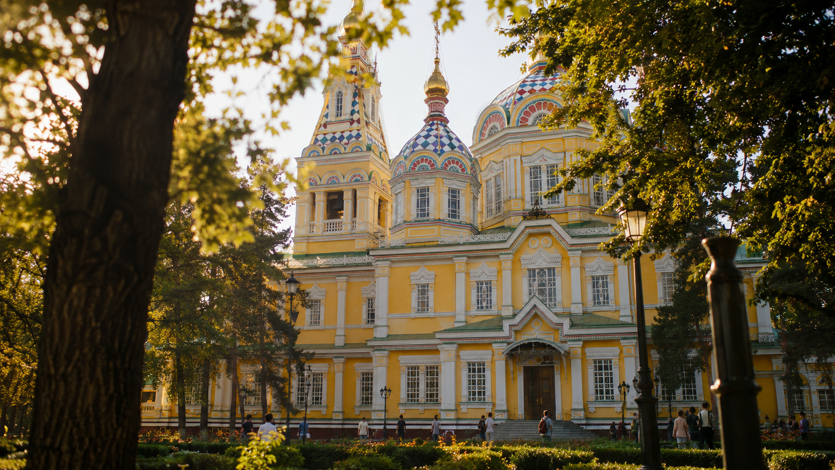 Close-up of Ascension Cathedral’s colorful wooden architecture in Almaty.