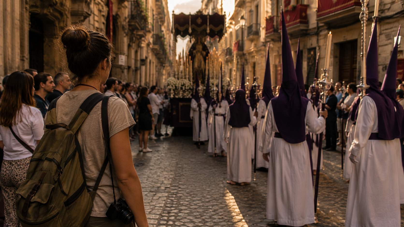 Respectful traveler watching a Spanish festival from the side of the street.