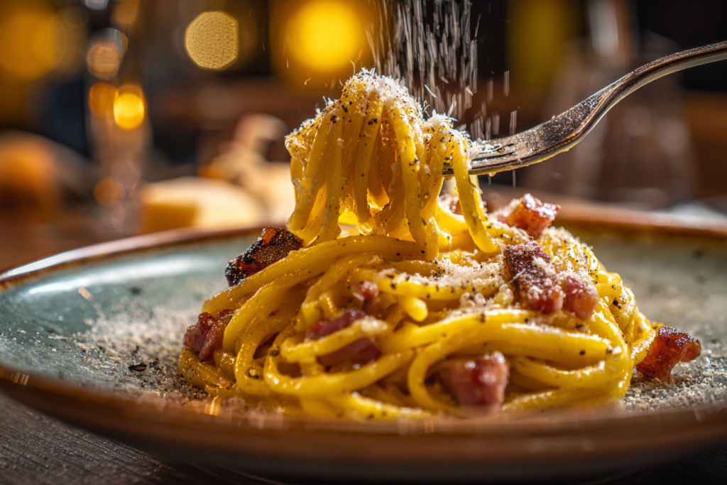 A plate of traditional Roman Carbonara pasta with guanciale and pecorino, a staple of Italy food travel.