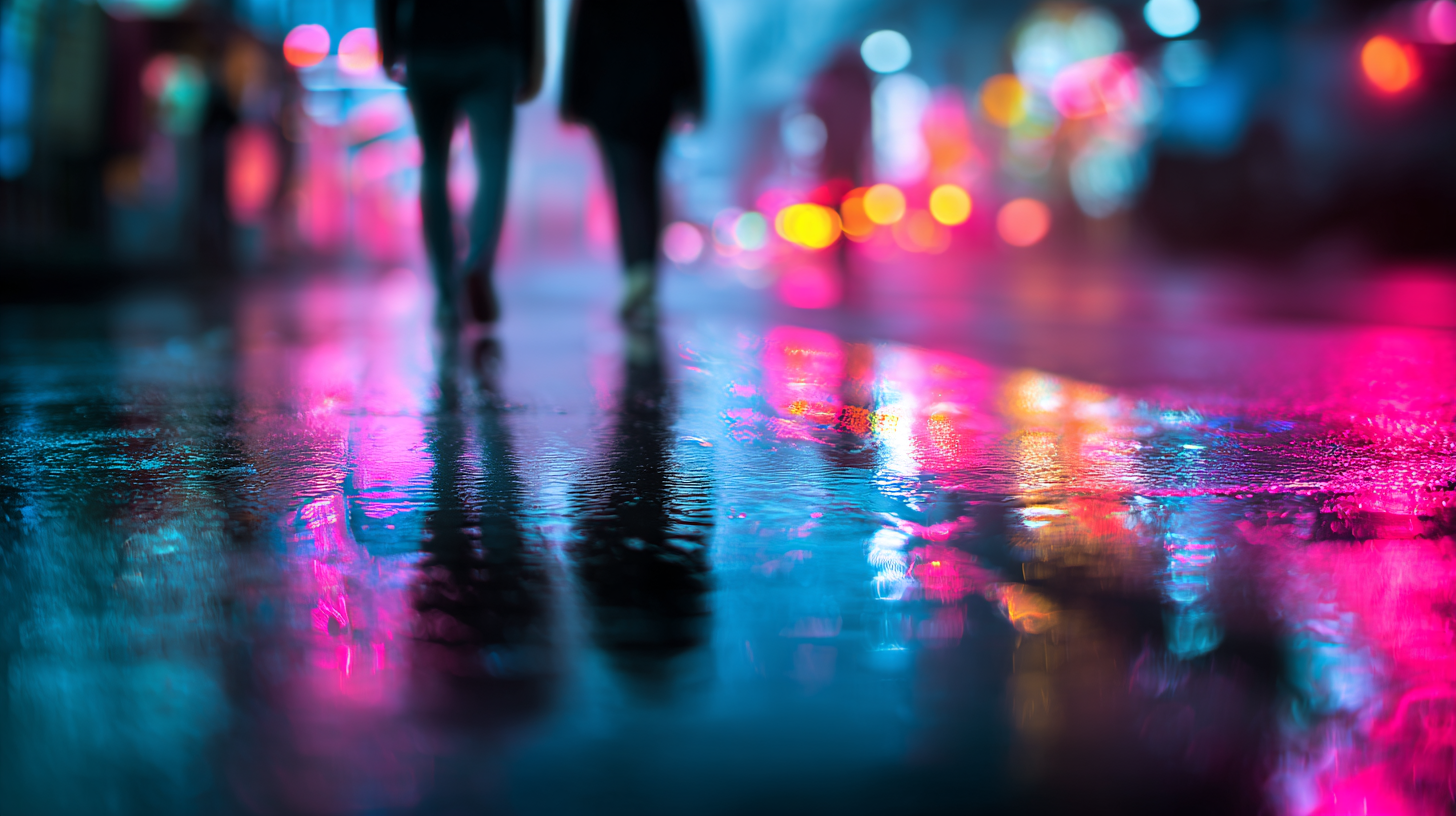 Close-up of neon reflections on a wet Bangkok street.