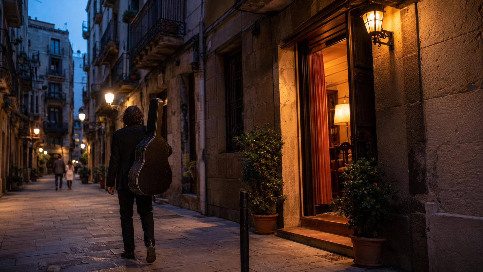 Flamenco performer near a small club in Barcelona at night.