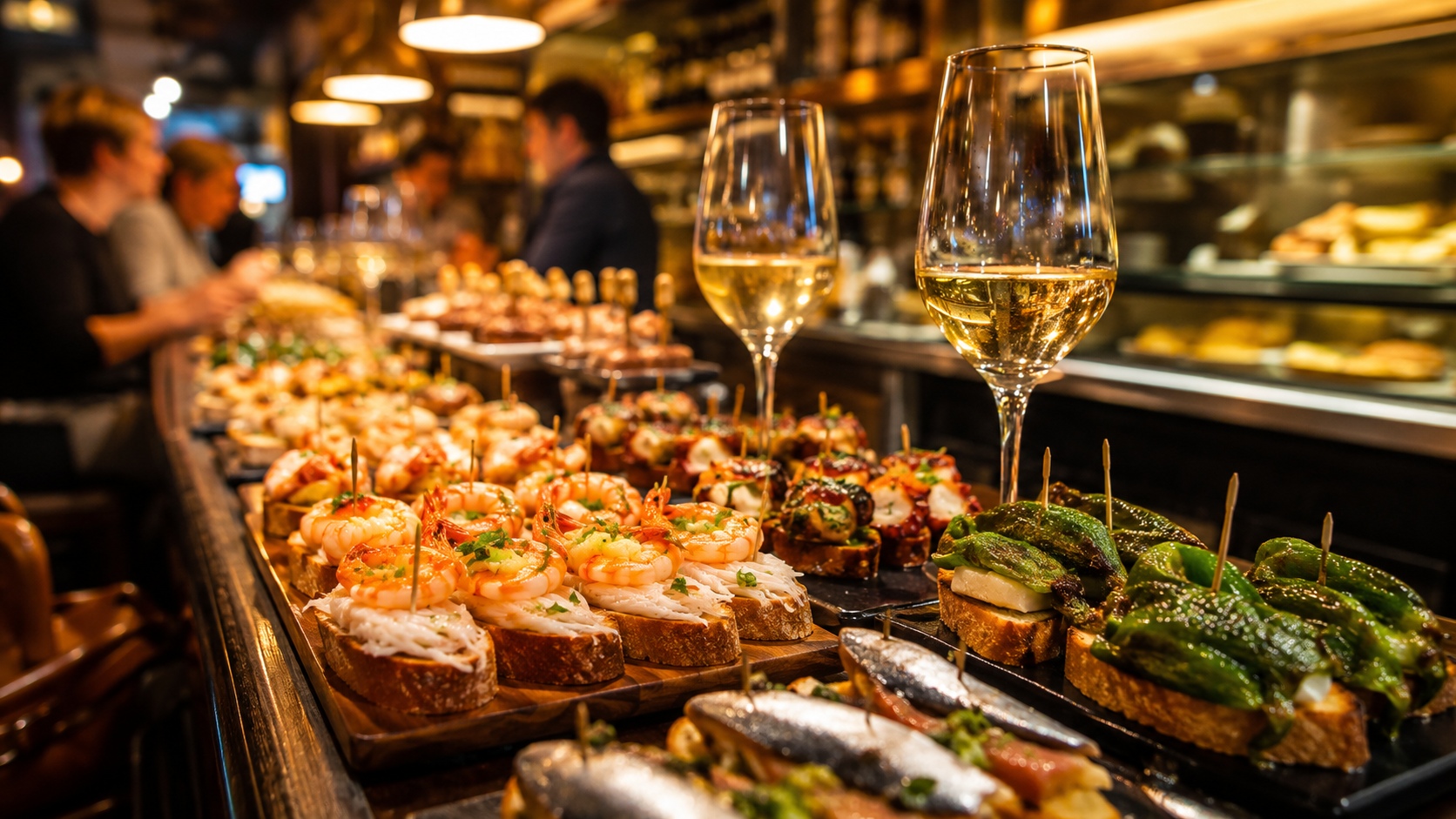 Basque pintxos bar with seafood bites, peppers, bread, and txakoli.