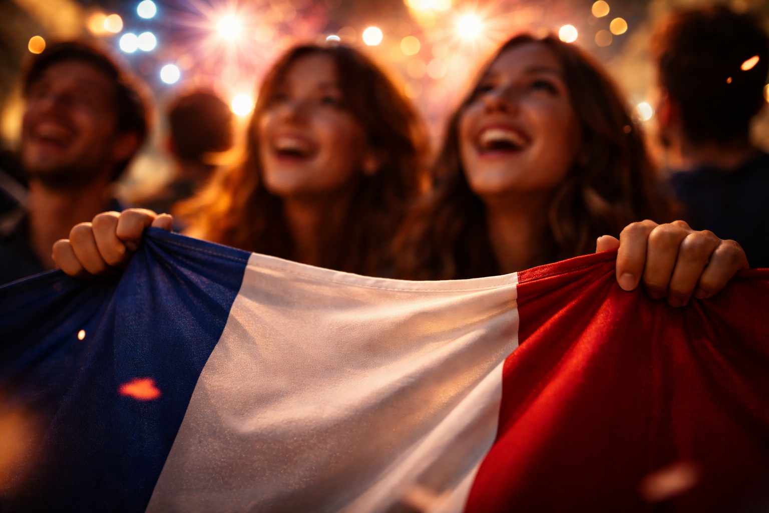 Fireworks reflections on faces with a French flag held in the foreground.