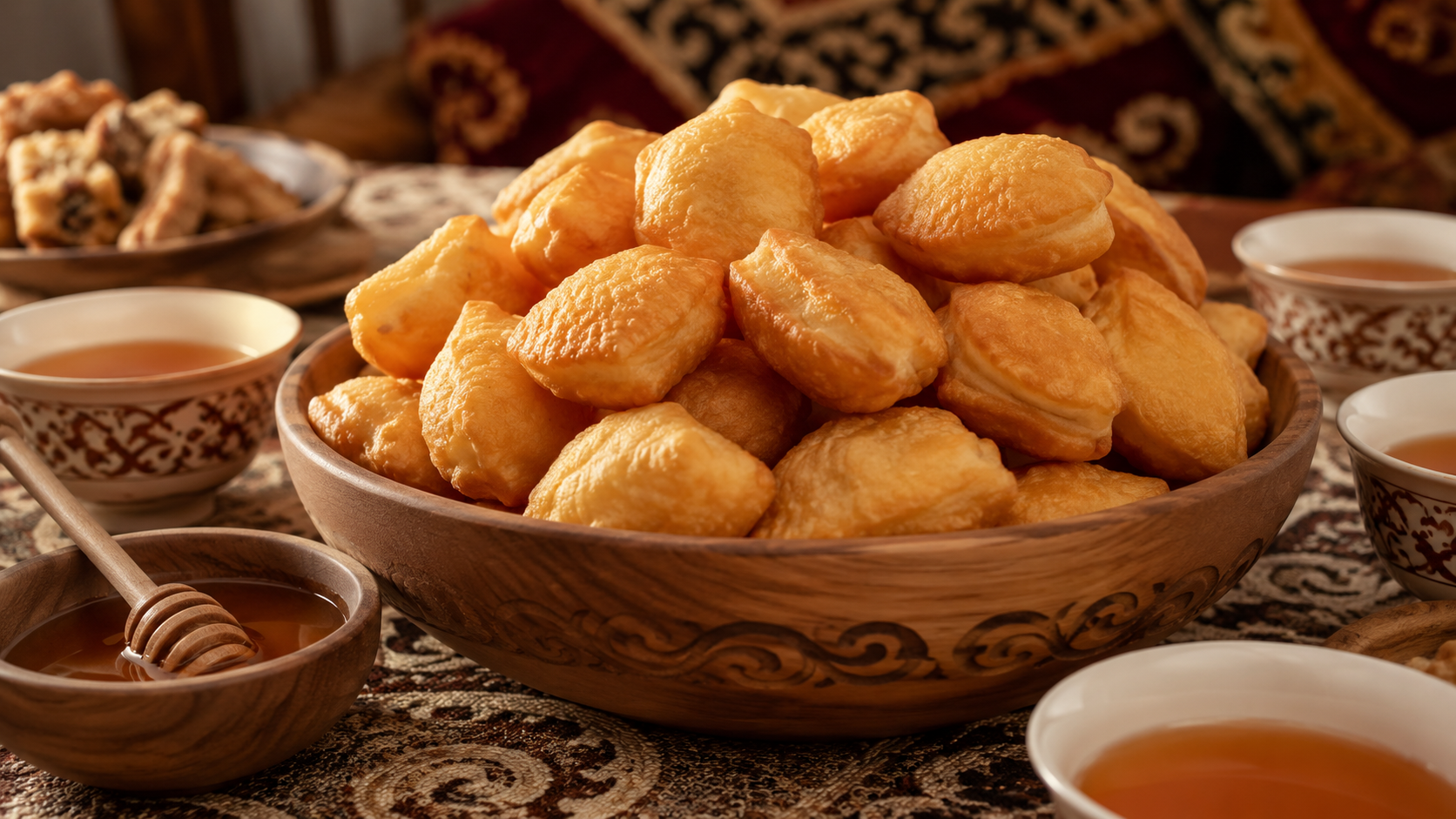 Golden baursak served in a bowl with tea and honey nearby.