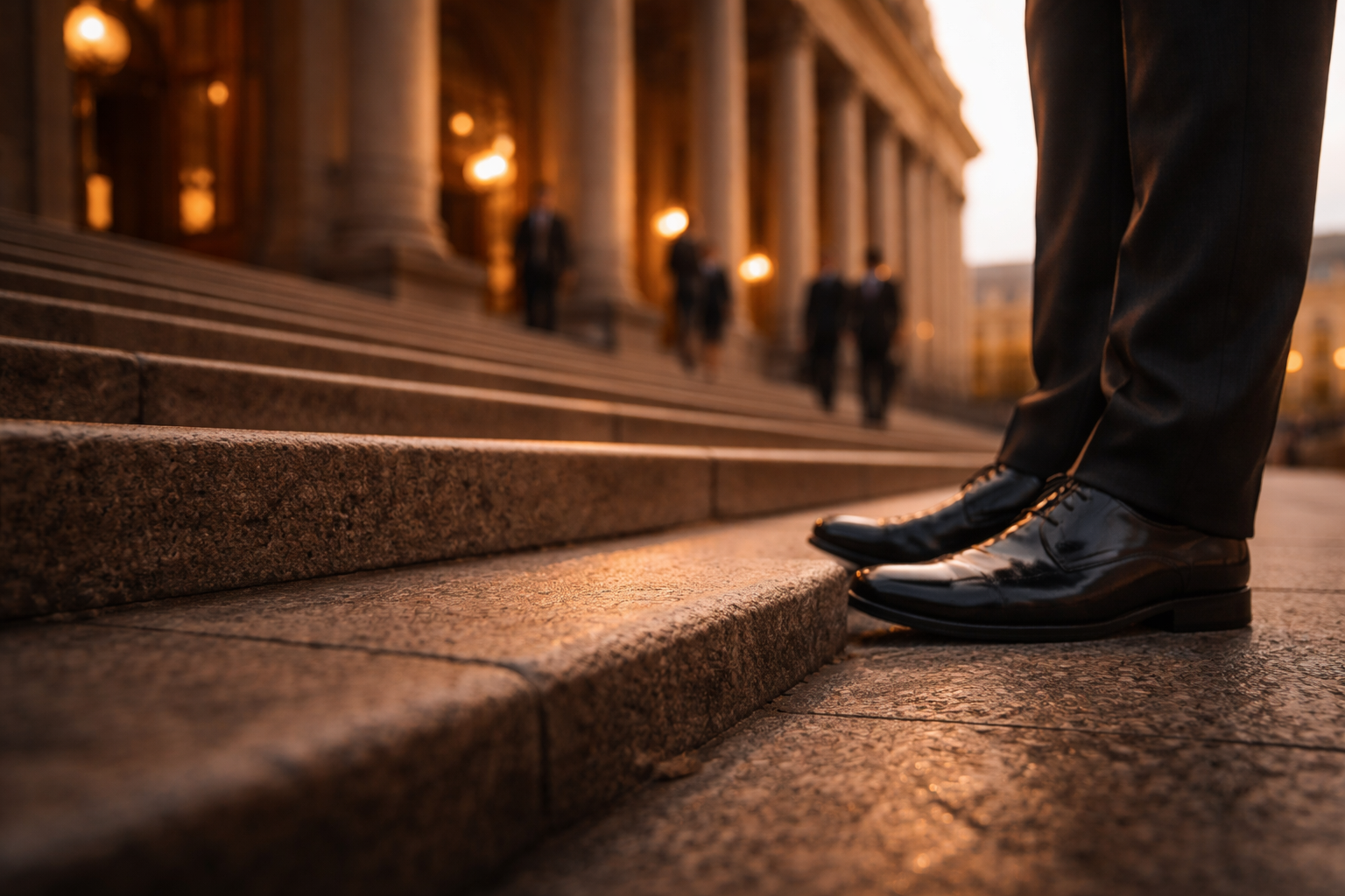Formal shoes at monumental opera-house steps in warm evening light.