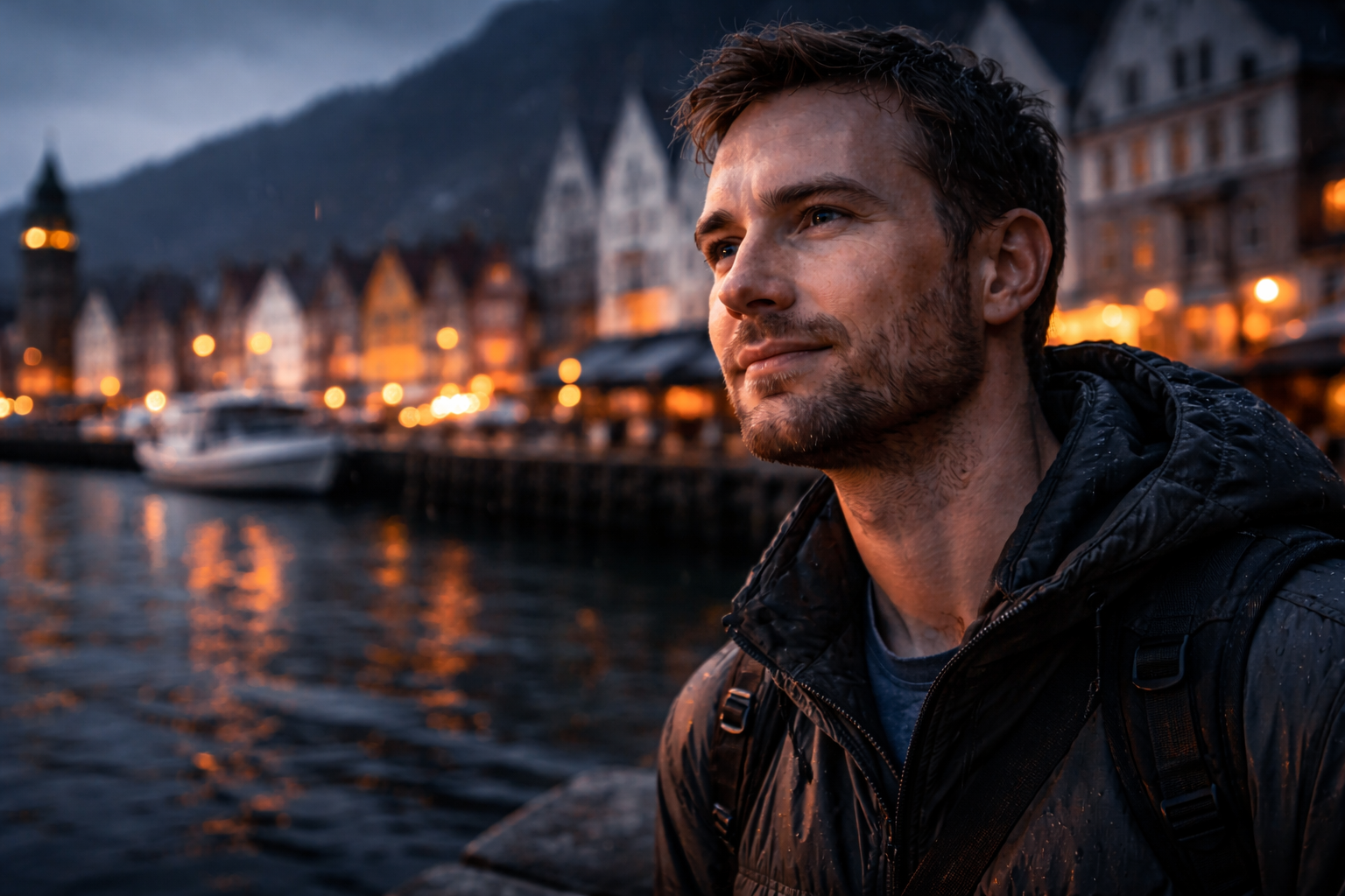 Traveler near Bergen harbor with maritime city life blurred behind.