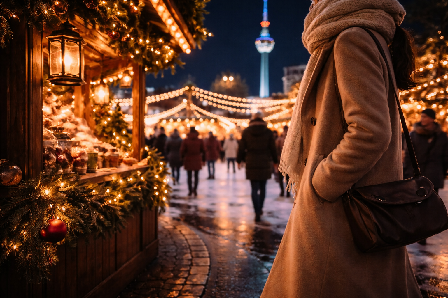 Ornaments, candles, food, and mulled wine on a festive German market table.