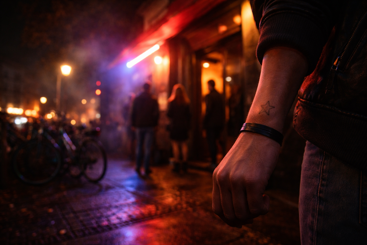 Berlin nightlife close-up with wrist stamp, neon spill, and blurred urban movement.