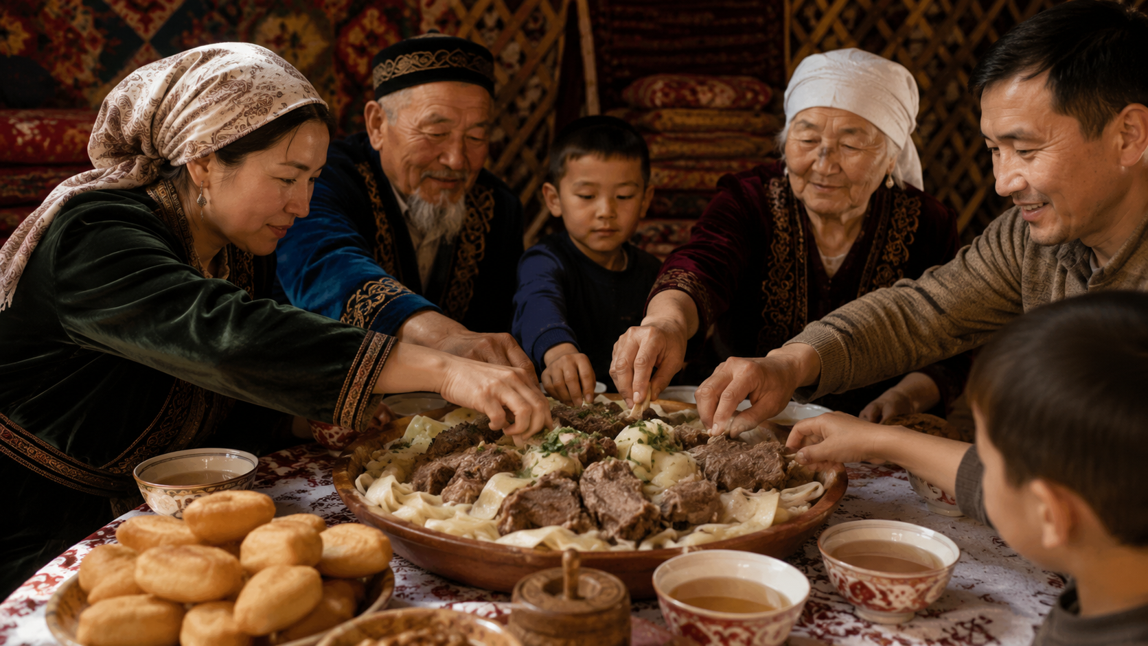 Kazakh cuisine: Hands sharing beshbarmak from a central platter at a Kazakh table.