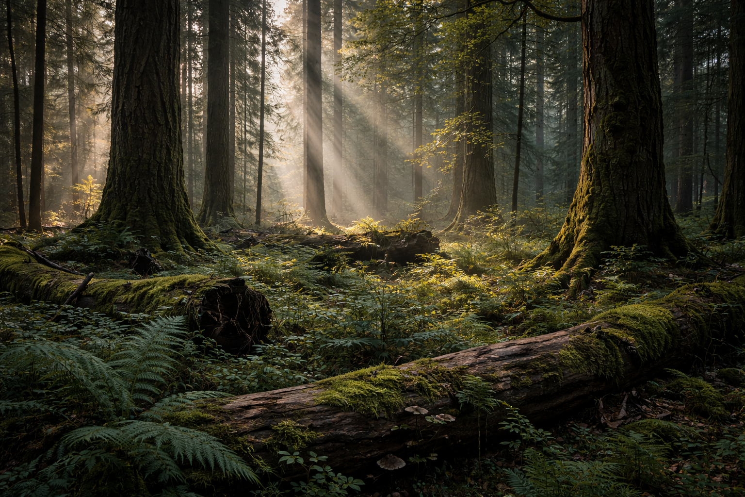 Primeval forest scene in Białowieża with ancient trees and filtered light.