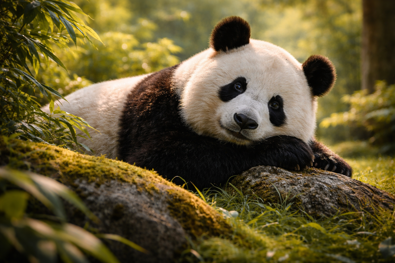 Giant panda resting in a green, peaceful sanctuary-like setting.