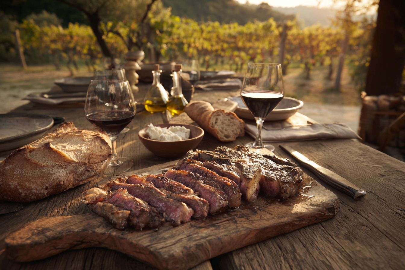 Bistecca alla Fiorentina steak served with red wine on a rustic table in Tuscany.