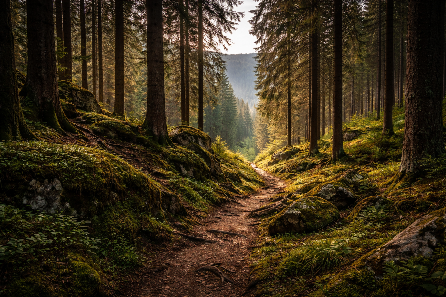 Outdoor adventures in Germany: Forest trail winding through dense Black Forest woodland in soft light.