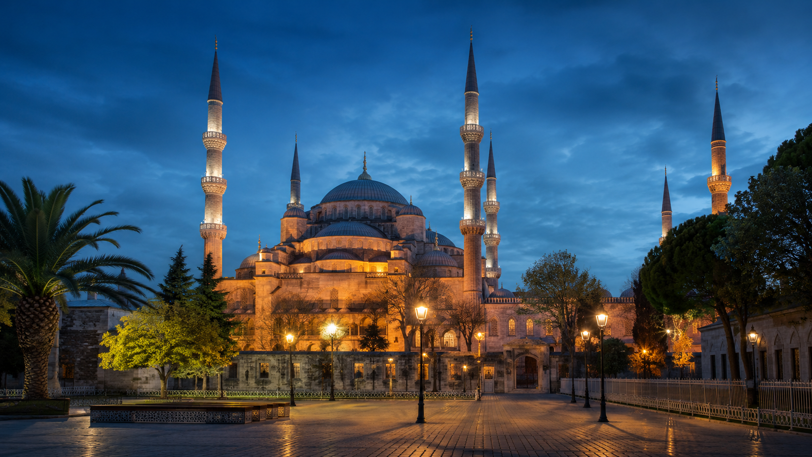 The Blue Mosque in Istanbul at blue hour with domes and six minarets
