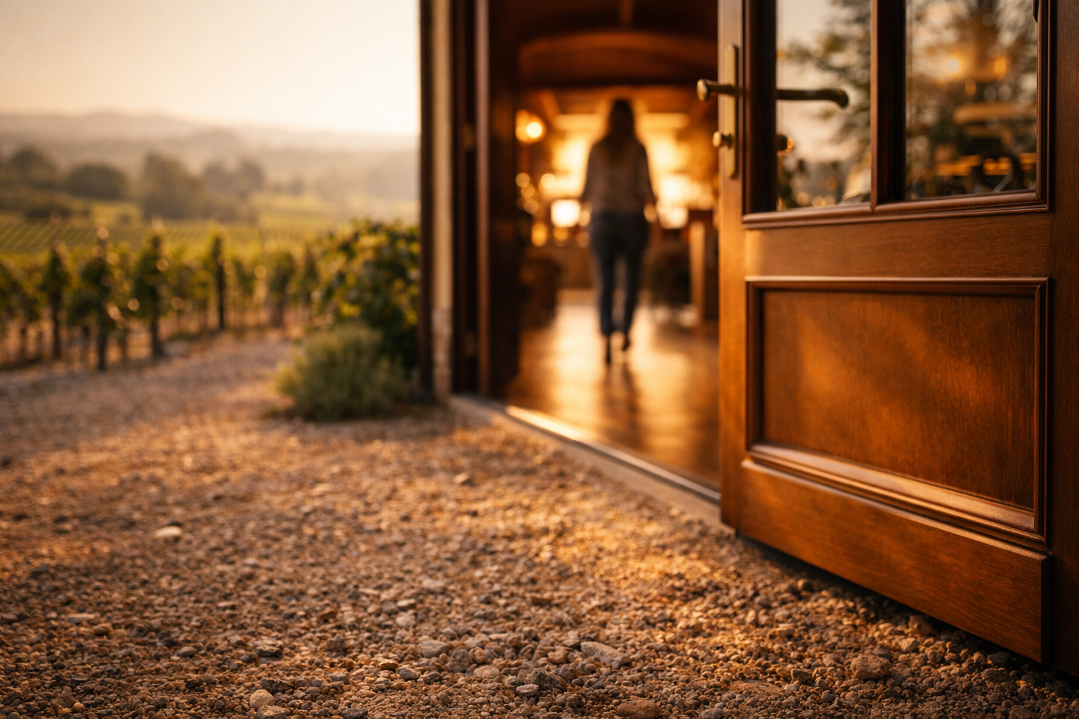 Bordeaux estate entrance and vineyard gravel suggesting a full wine-country experience.