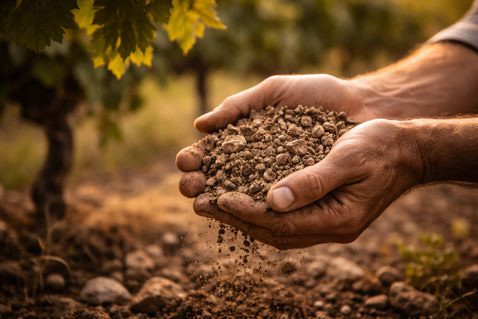 Hands holding vineyard soil and gravel beneath blurred vines.