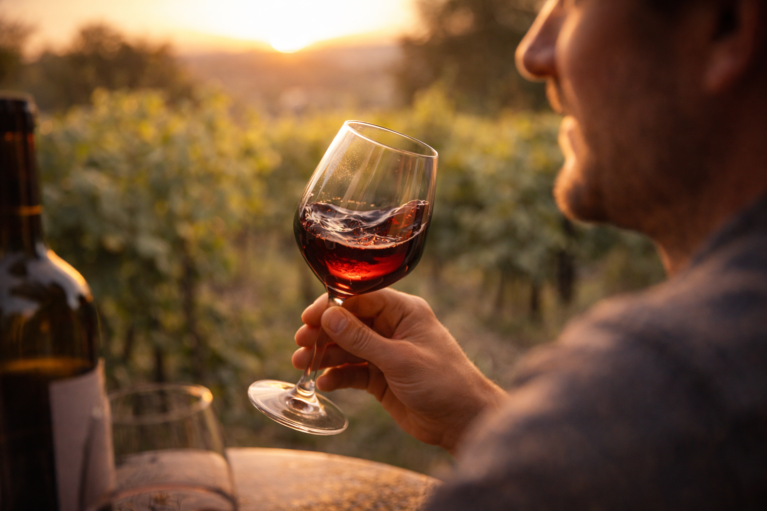 Approachable wine tasting close-up with warm light and soft vineyard blur.