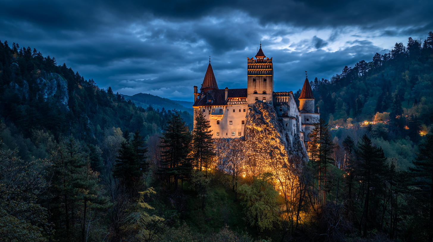 Bran Castle at blue hour with dark forest and gothic atmosphere.