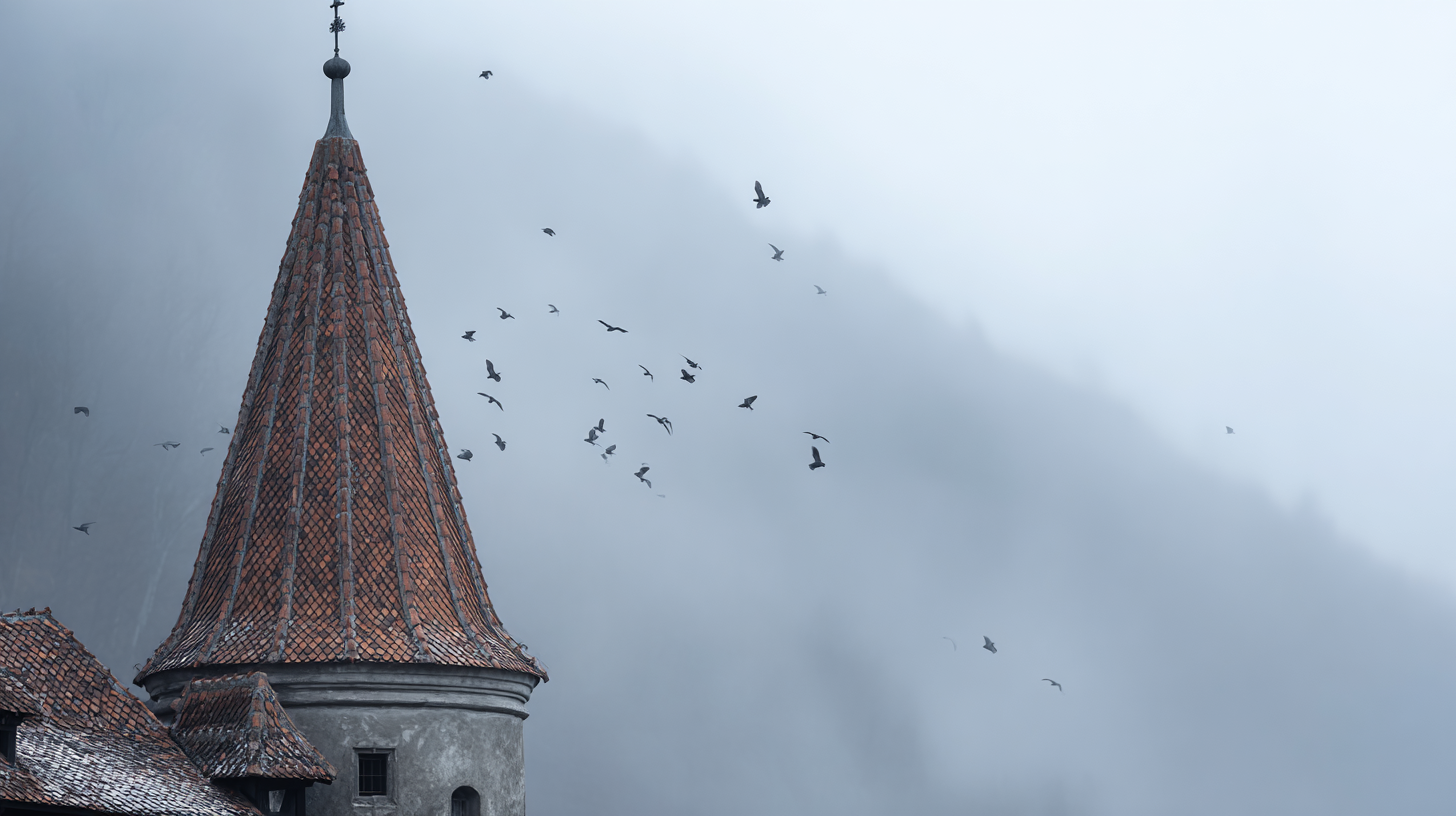 Misty close-up of Bran Castle tower with ravens overhead.