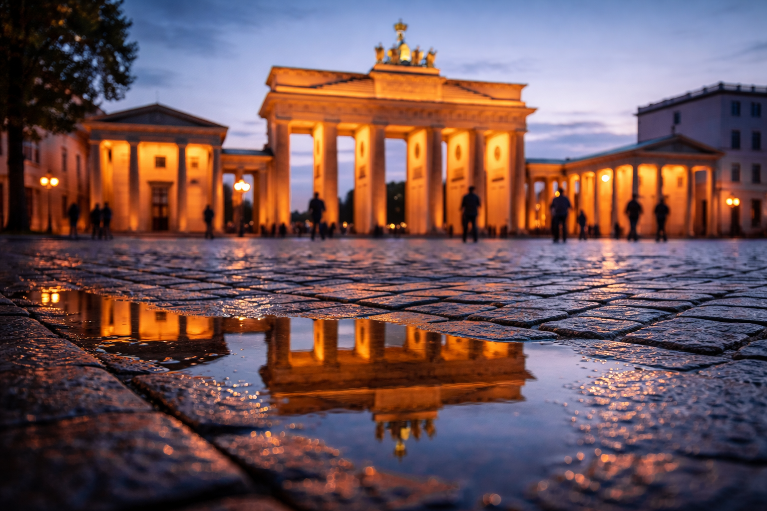 Brandenburg Gate glowing at blue hour with wet pavement reflections.