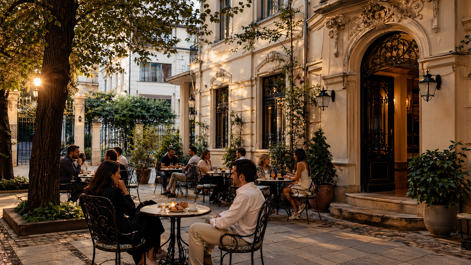 Bucharest cafe terrace in a restored villa courtyard with warm light and relaxed atmosphere.