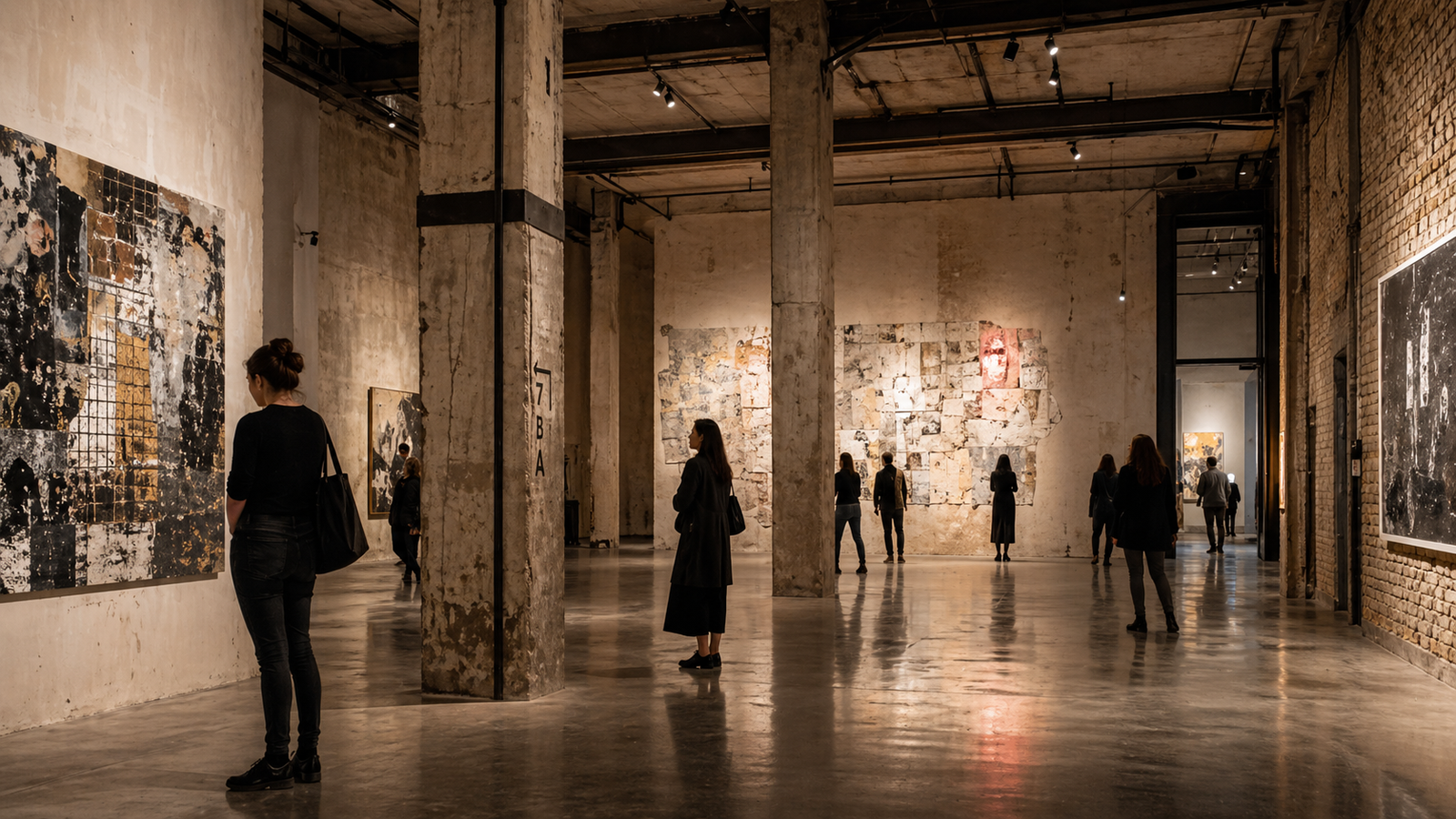 Contemporary gallery atmosphere in Bucharest with large-scale works and thoughtful visitors.