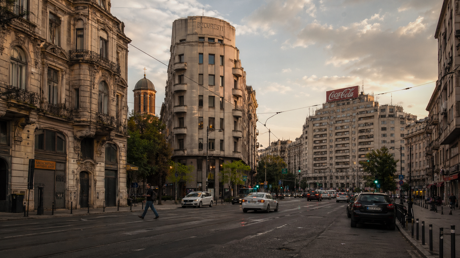 Bucharest travel guide: Bucharest street showing neoclassical, Art Deco, socialist, and hidden church elements together.
