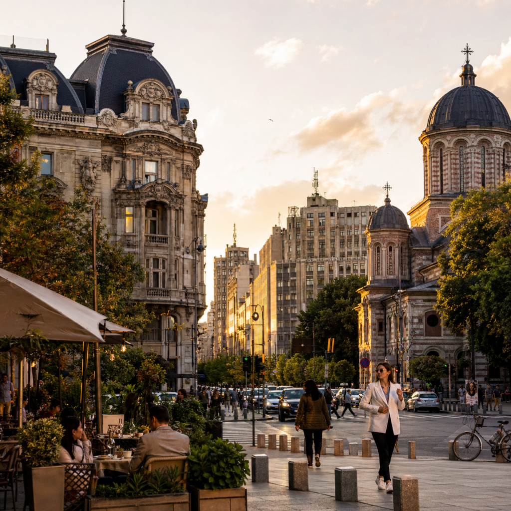 Bucharest shown as a layered city of elegant facades, monumental scale, domes, and urban life.