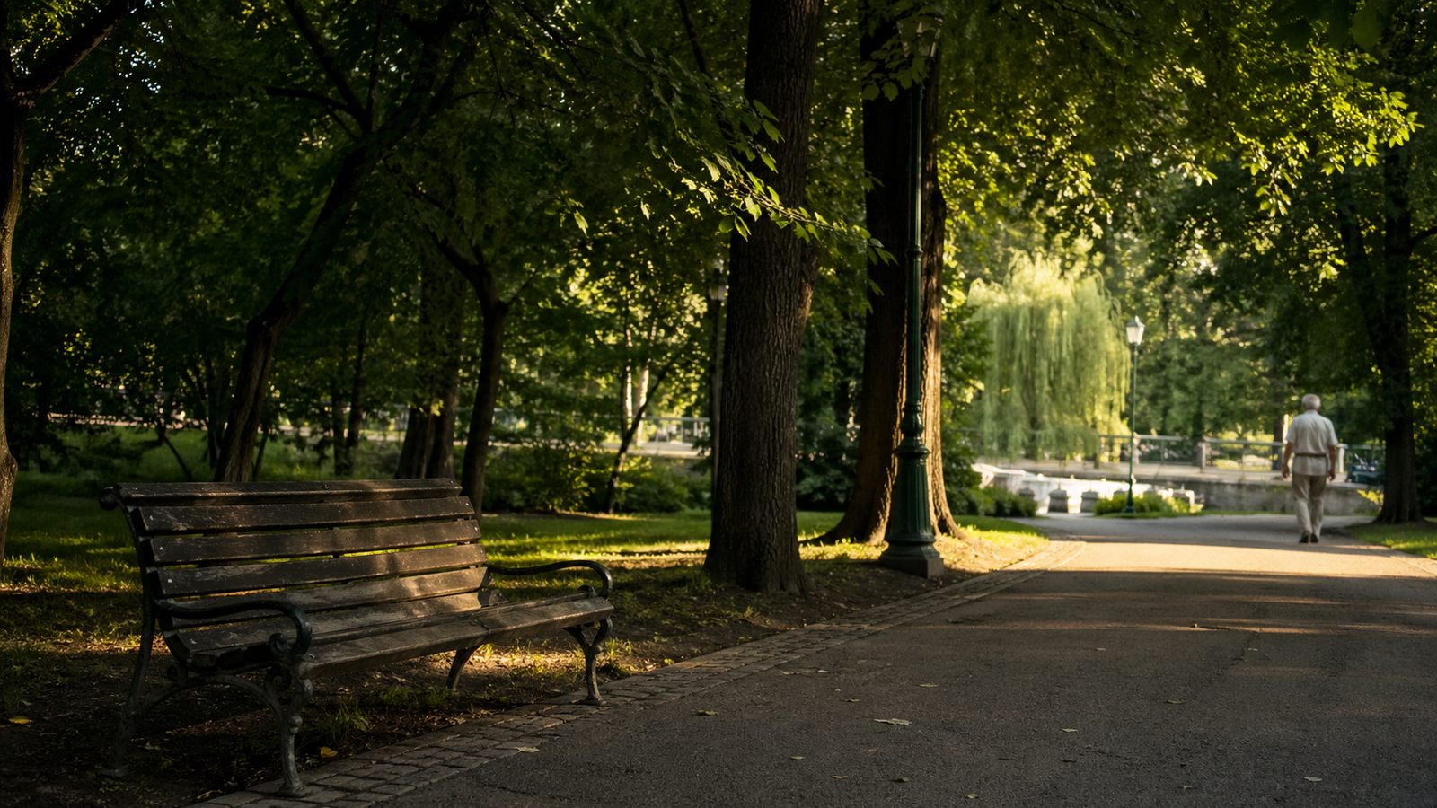 Quiet Bucharest park with tree shade, bench, and soft afternoon light.