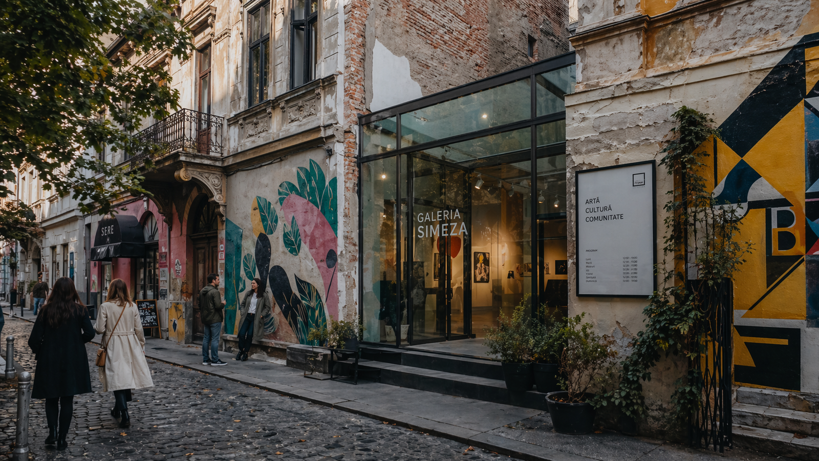 Bucharest creative district atmosphere with layered architecture and gallery mood.