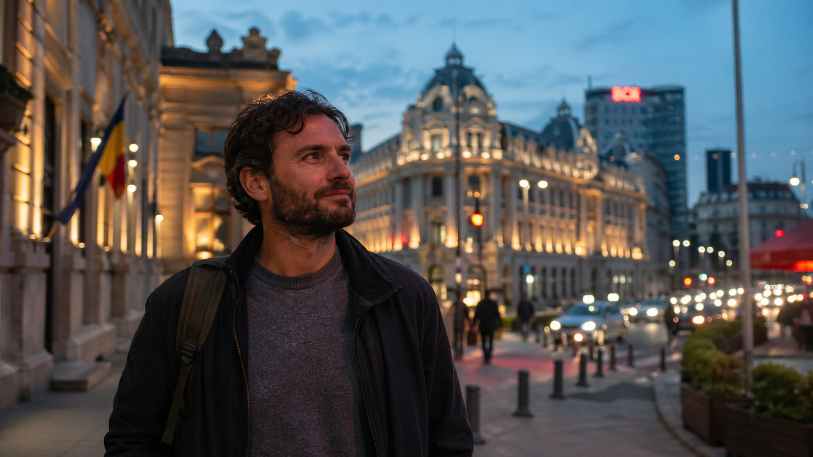 Traveler in Bucharest after a full day, with city lights and layered architecture behind.
