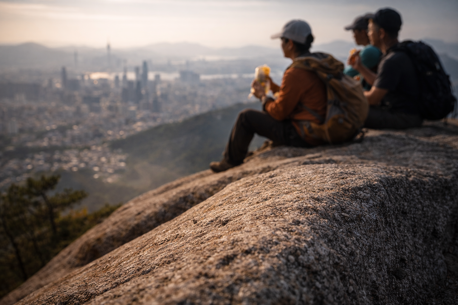 Granite summit with Seoul skyline blurred below and hikers resting.