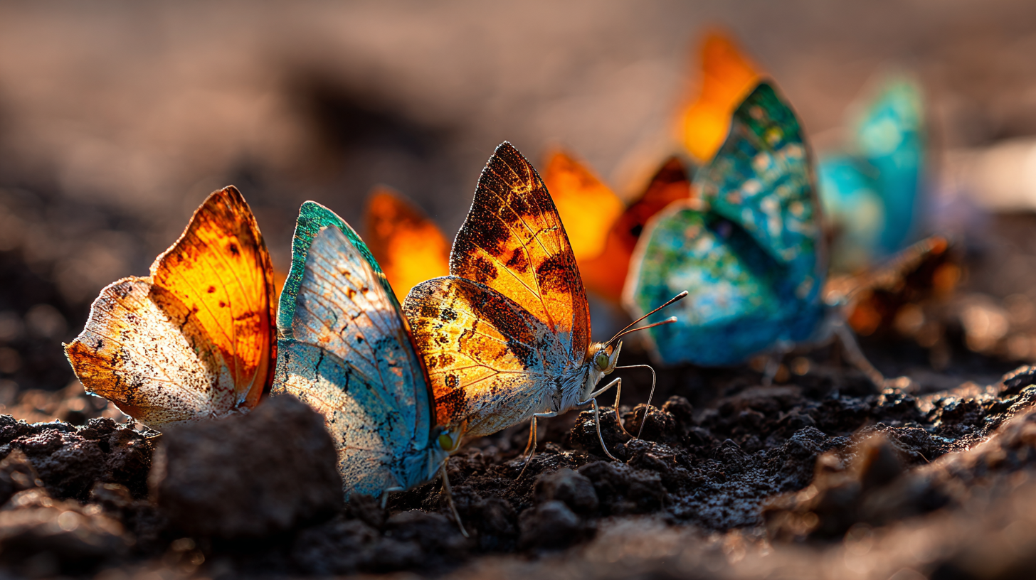 Thailand wildlife: Close-up of butterflies feeding on wet soil.