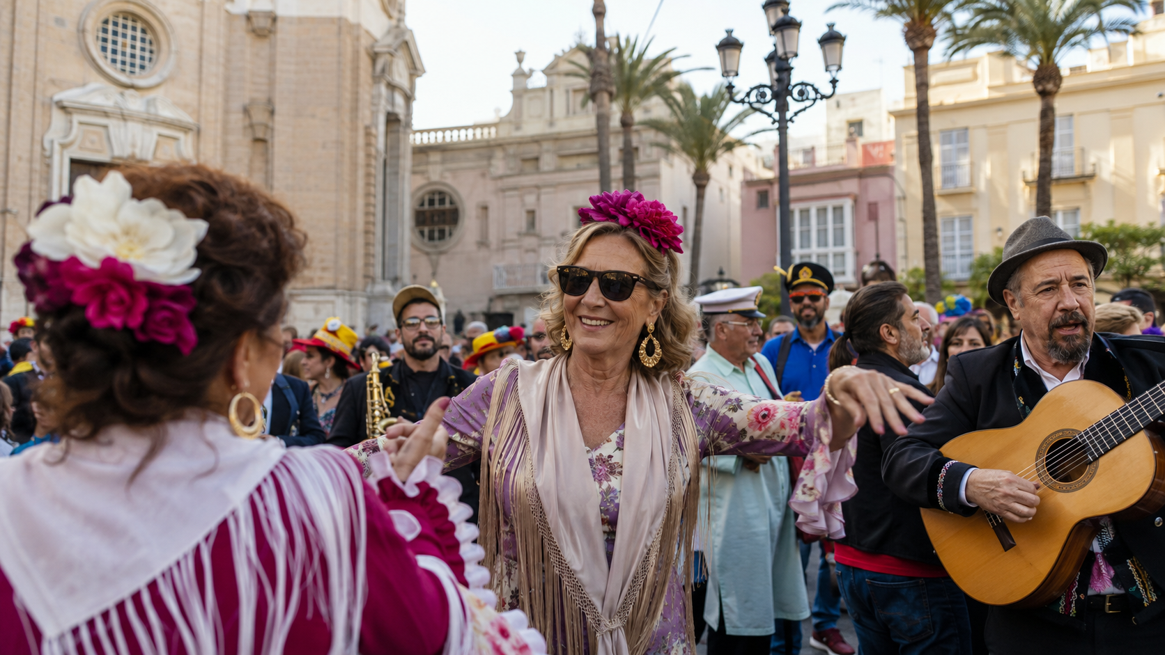 Cadiz Carnival performers in colorful costumes with street musicians.