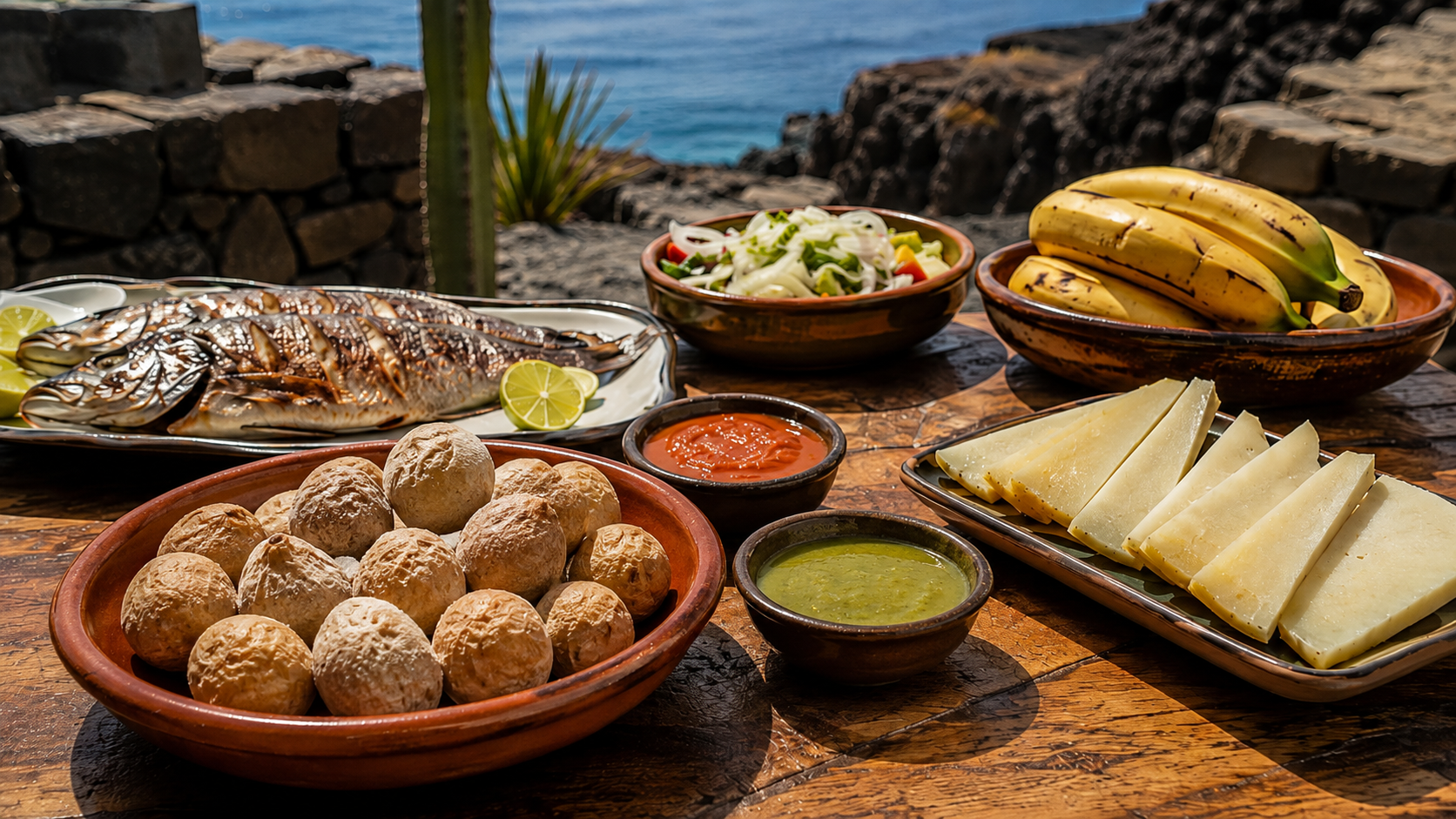 Canary Islands table with wrinkled potatoes, mojo sauces, grilled fish, cheese, and bananas.