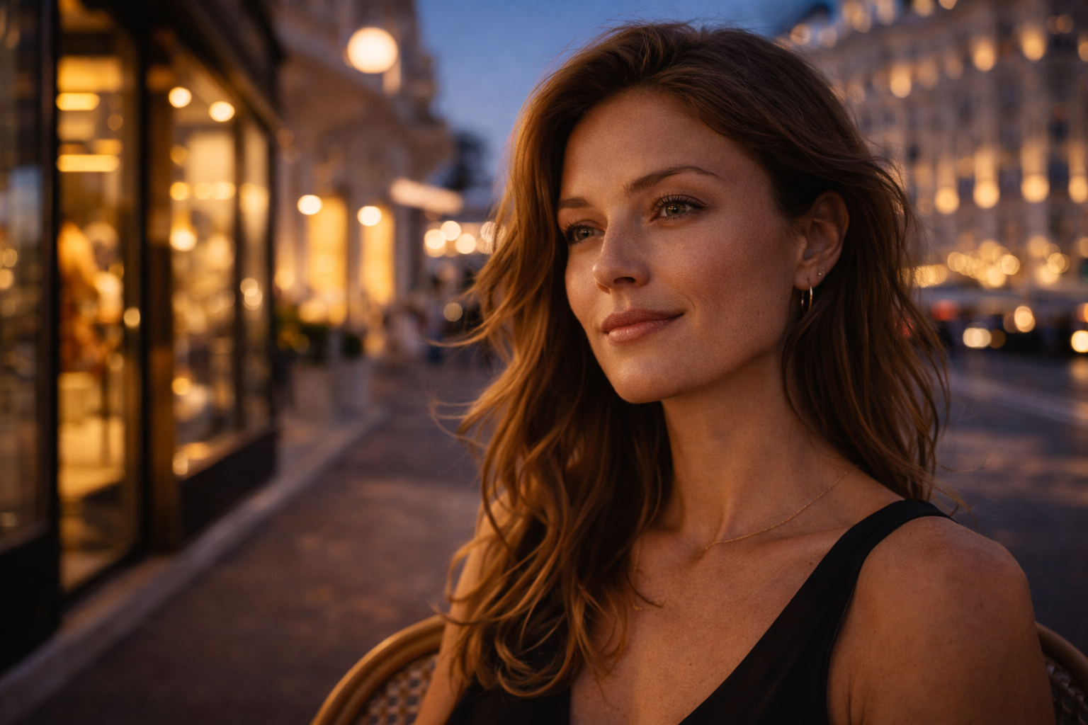Polished evening close-up in Cannes with storefront reflections behind.