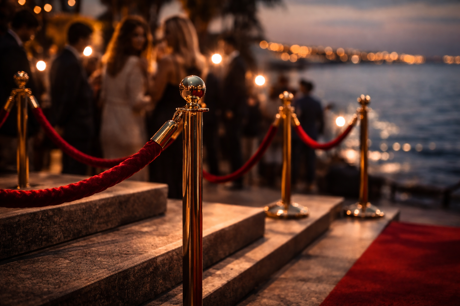 Velvet rope and crowd glow at dusk near Cannes waterfront.