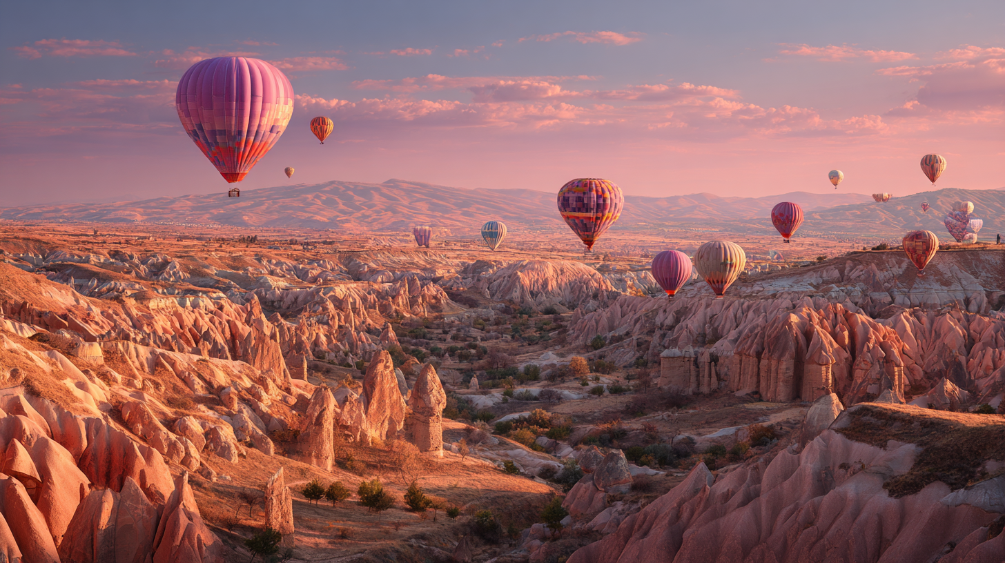 Cappadocia fairy chimneys with hot air balloons at dawn