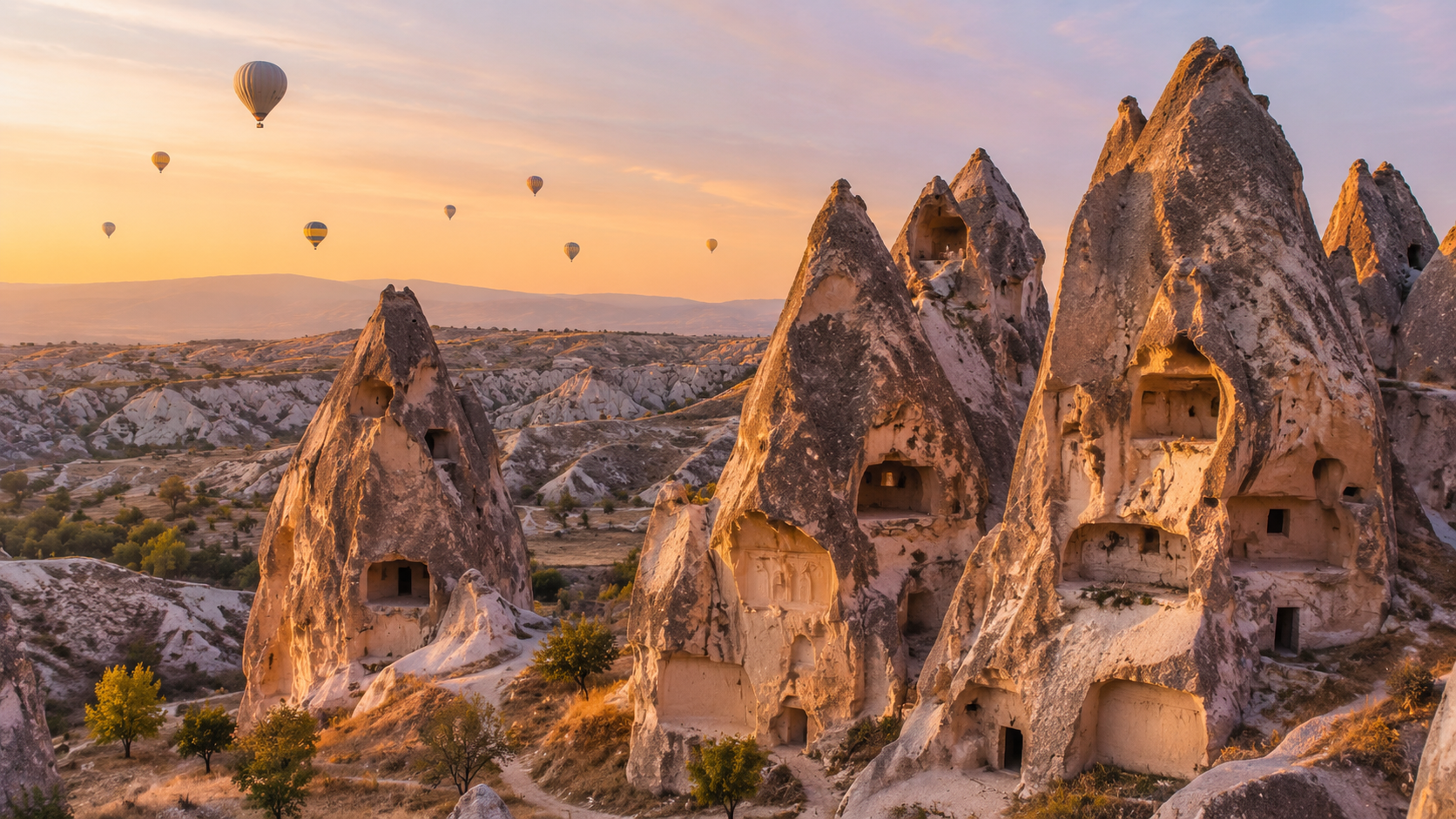 Rock-cut churches and cave dwellings among fairy chimneys in Cappadocia
