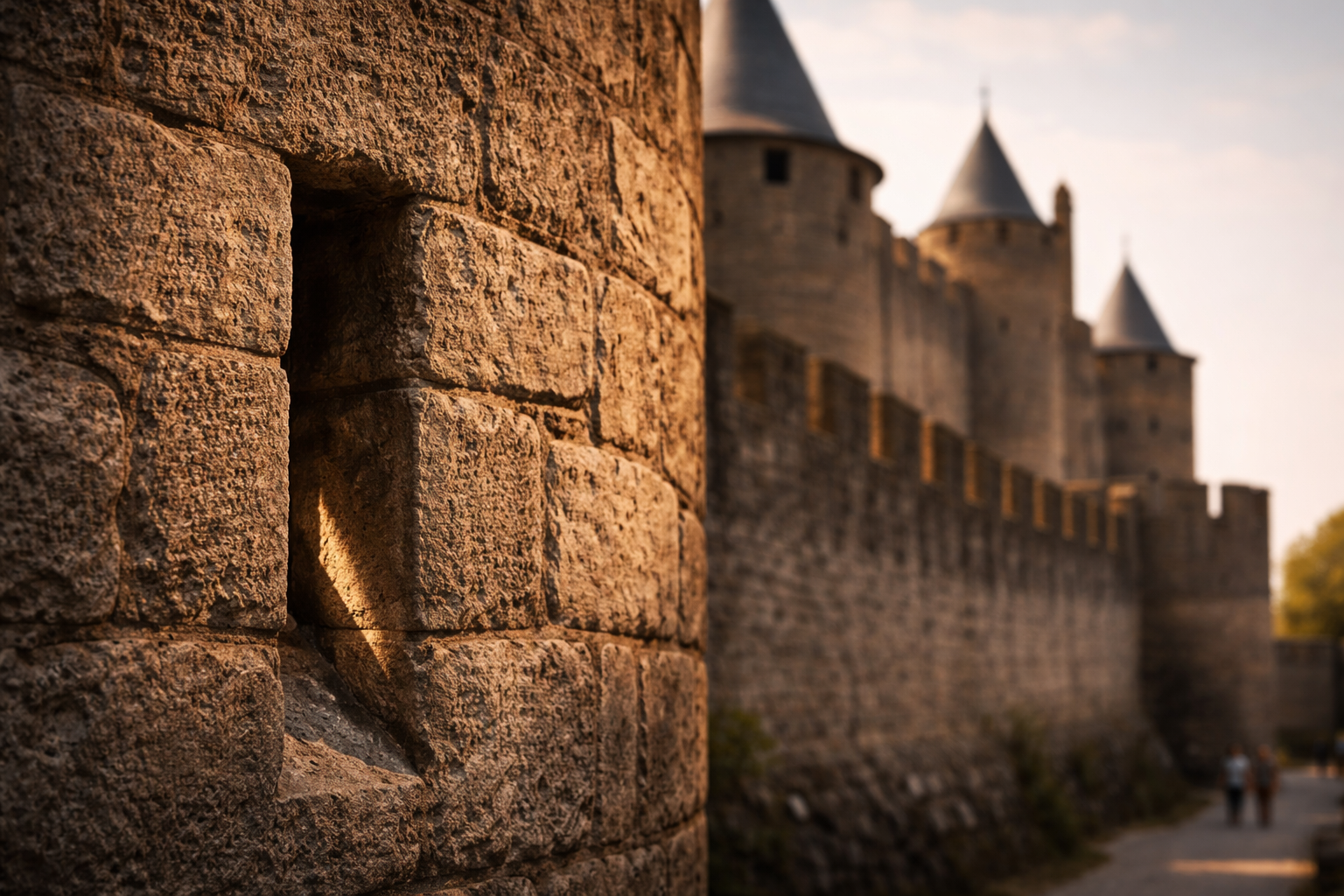 Medieval wall textures and shadows suggest Carcassonne’s defensive power.