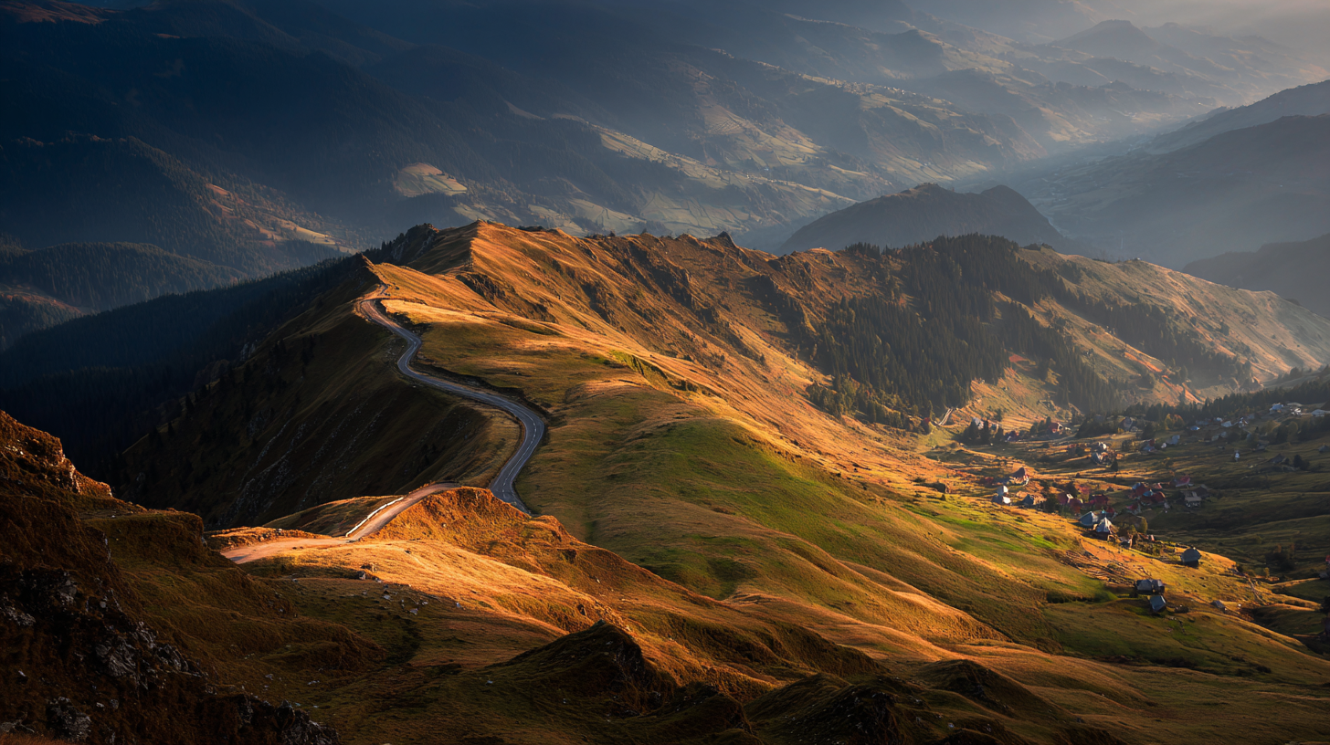 Carpathian Mountains Romania: Dramatic Carpathian ridge, winding road, meadow, and distant village in late golden light.