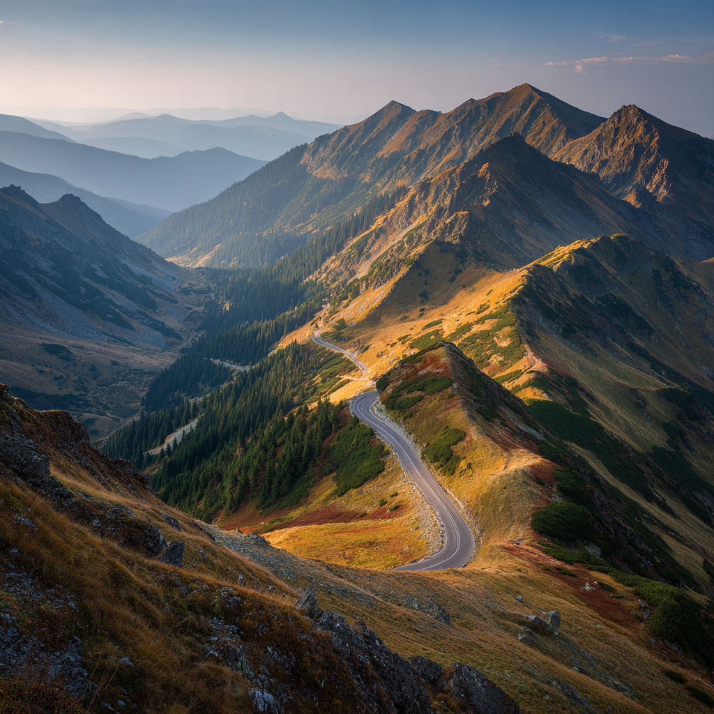 Dramatic ridgelines, alpine meadows, and forested slopes in the Romanian Carpathians.