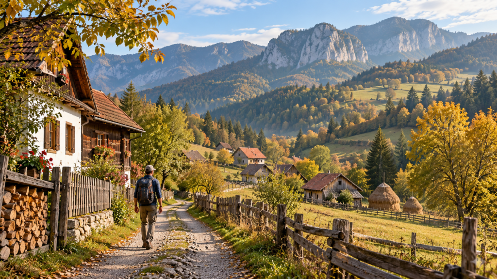 Illustration for a Carpathian Mountains Romania guide showing a traveler beside a mountain village.