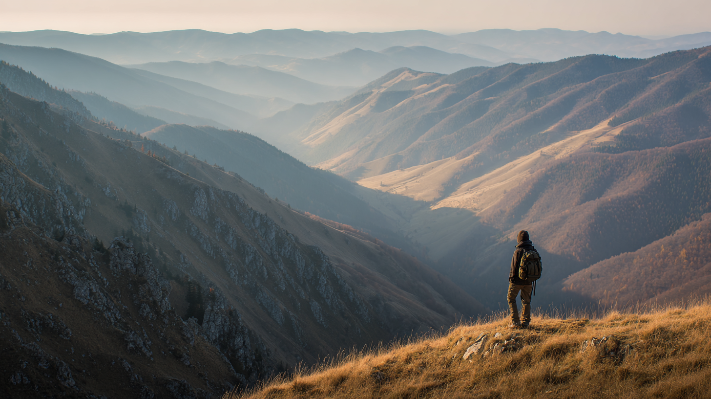 Carpathian Mountains Romania: Traveler at a Romanian mountain overlook with layered ridges and valley behind.